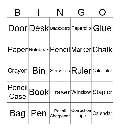 Items in the Classroom Bingo Card