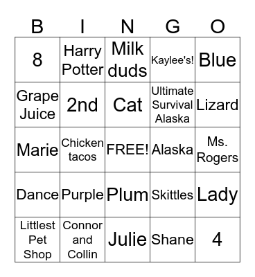 Kaylee's Birthday Bingo Card