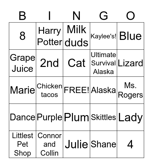 Kaylee's Birthday Bingo Card