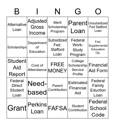 Financial Aid Bingo Card