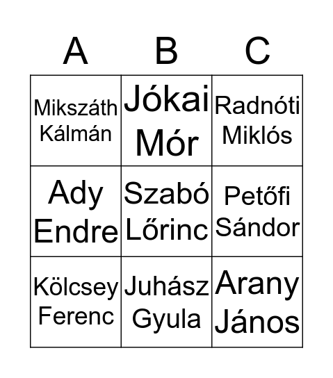 19. századi költők Bingo Card