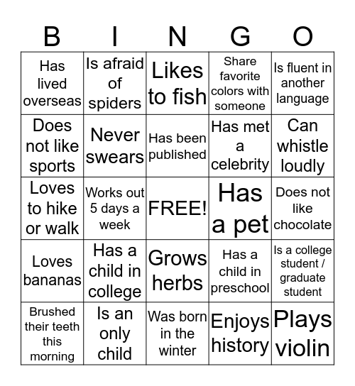 GET TO KNOW YOU BINGO Card