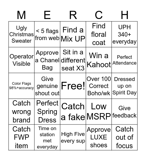 Merch Madness Bingo Card