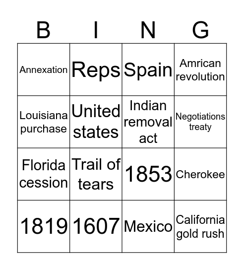 Manifest Destiny Bingo Card