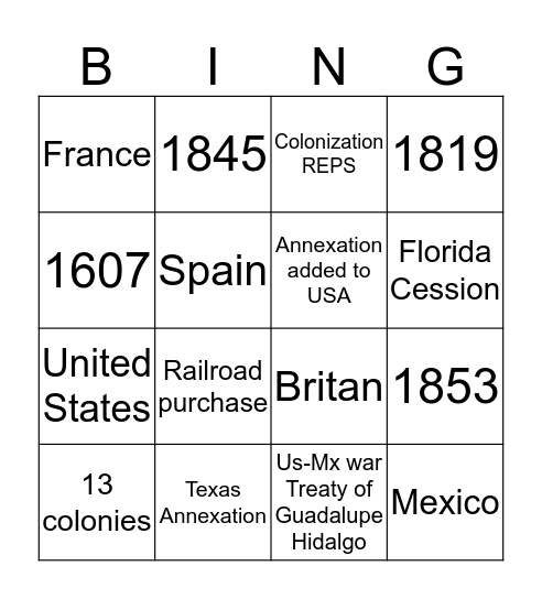 Manifest Destiny Bingo Card