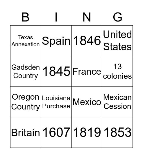 Manifest Destiny Bingo Card