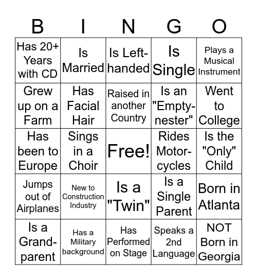 Carroll Daniel Construction Company Bingo Card