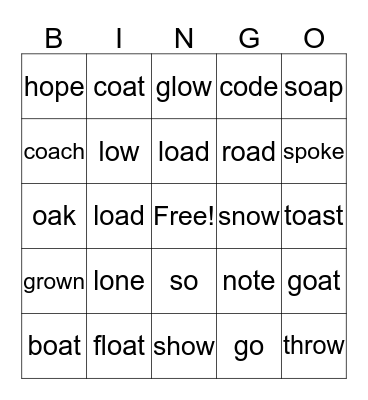 Long "o" Bingo Card
