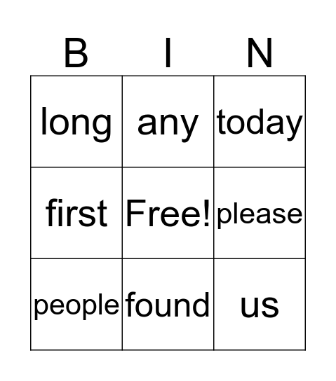 1B Tricky Words Bingo Card