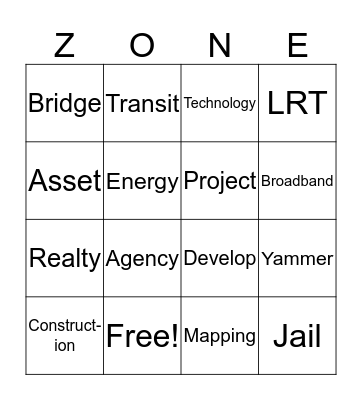 Infrastructure Zone Bingo Card