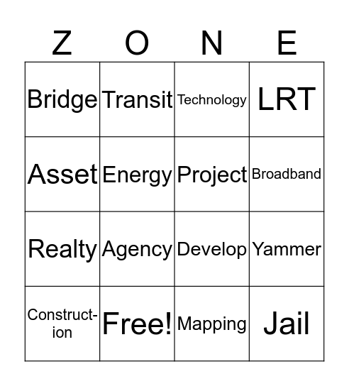 Infrastructure Zone Bingo Card