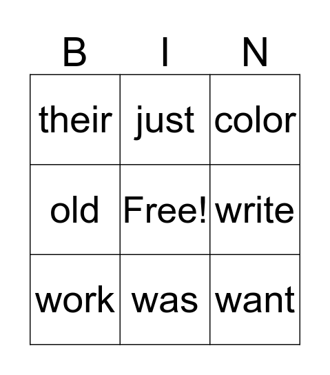 1B Tricky Words Bingo Card