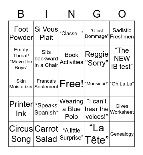 French Bingo Card