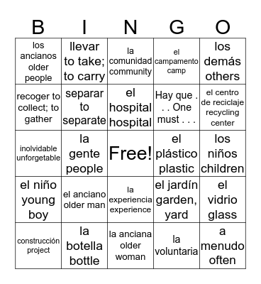 Realidades 1: Capítulo 8B Bingo Card