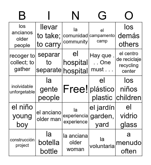 Realidades 1: Capítulo 8B Bingo Card