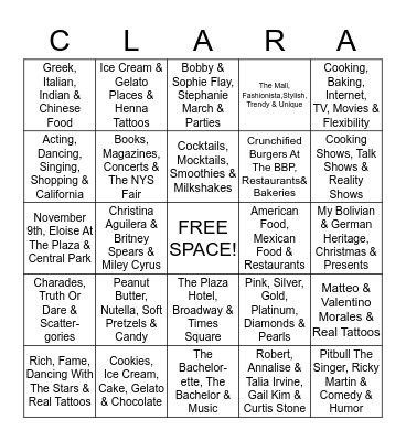 Clara's Favorites Bingo Card