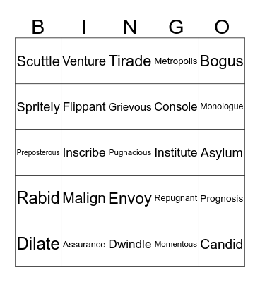 Vocabulary Bingo Card