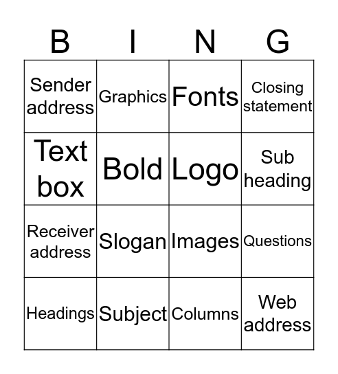 Features of Text  Bingo Card