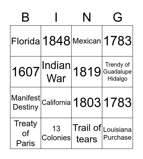 Manifest Destiny Bingo Card