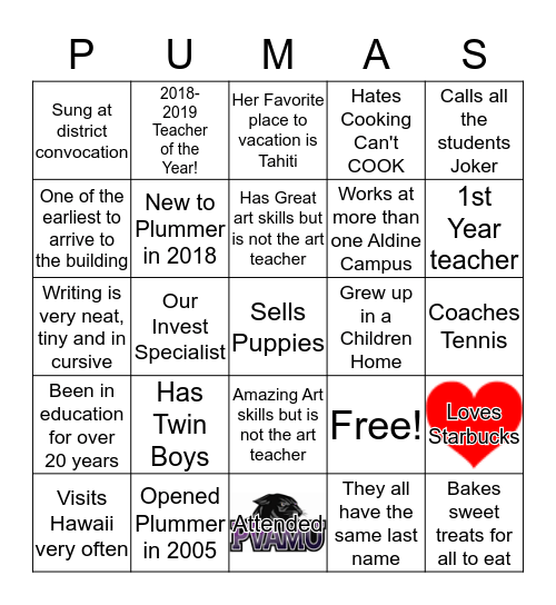 Plummer Middle School Bingo Card