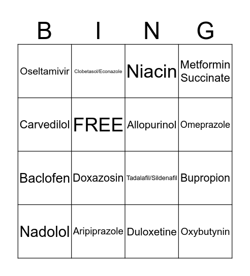 Maintenance Meds Bingo Card