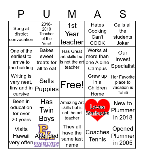 Plummer Middle School Bingo Card