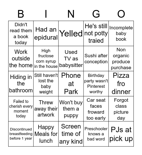 MOM GUILT BINGO Card