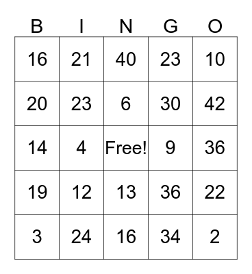 Multiplication Bingo Card