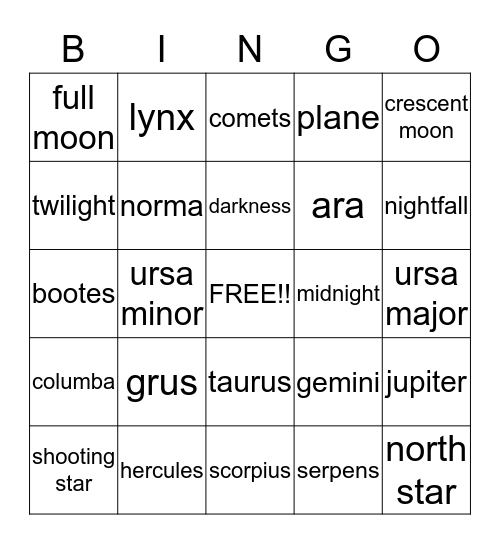 NIGHT SKY Bingo Card