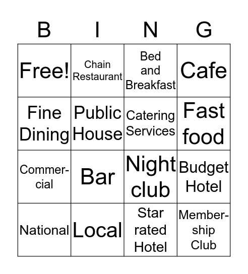 Hospitality Establishment   Bingo Card