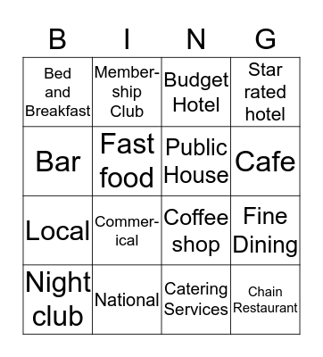 Hospitality Establishment   Bingo Card