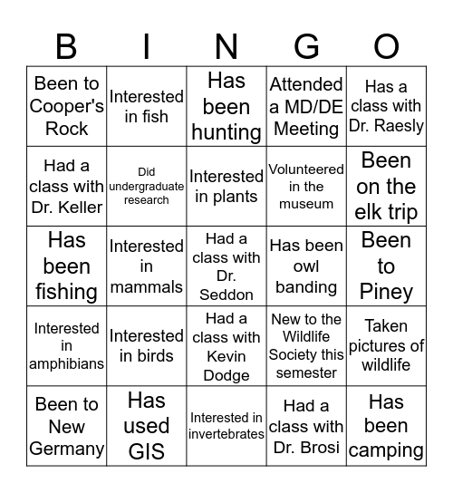 Wildlife Society Bingo Card