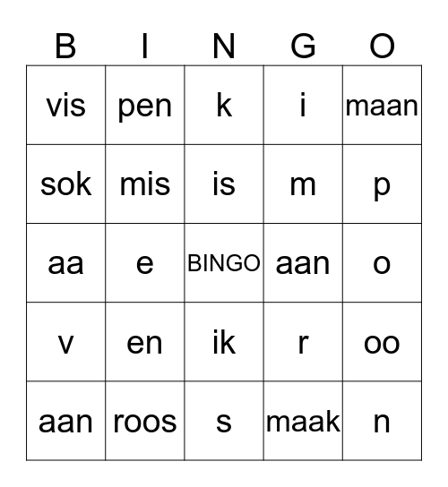 Letter en woordjes bingo Card