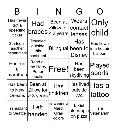 Mardi Gras Get to Know You Bingo Card