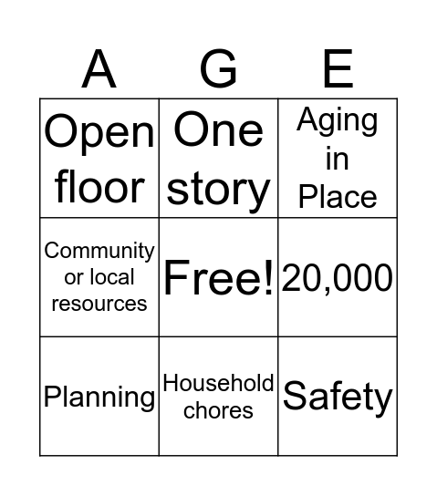 Aging In Place Bingo Card