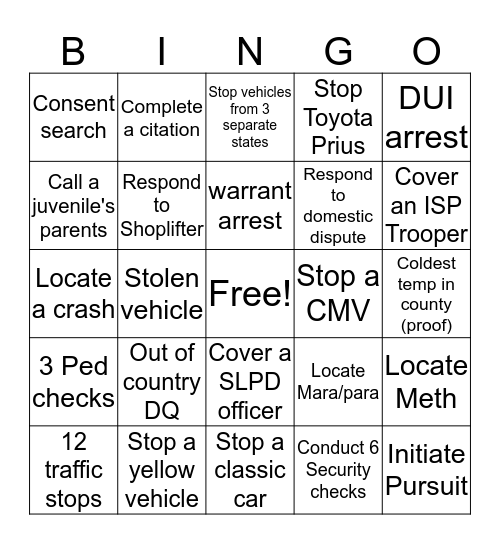 Patrol Bingo Card