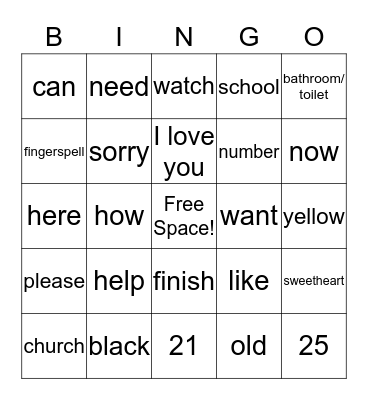 Sign Language Bingo Card