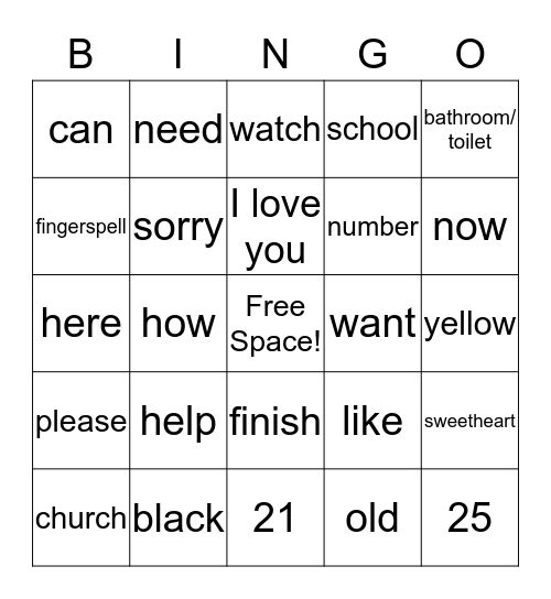 Sign Language Bingo Card
