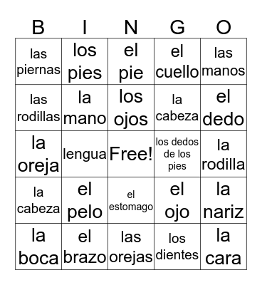 Las Partes Del Cuerpo Bingo Card