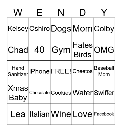 Wendy's 40th Birthday Bingo Card