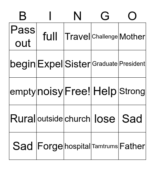 Vocabulary Bingo Card