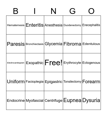 Medical Terminology  Bingo Card