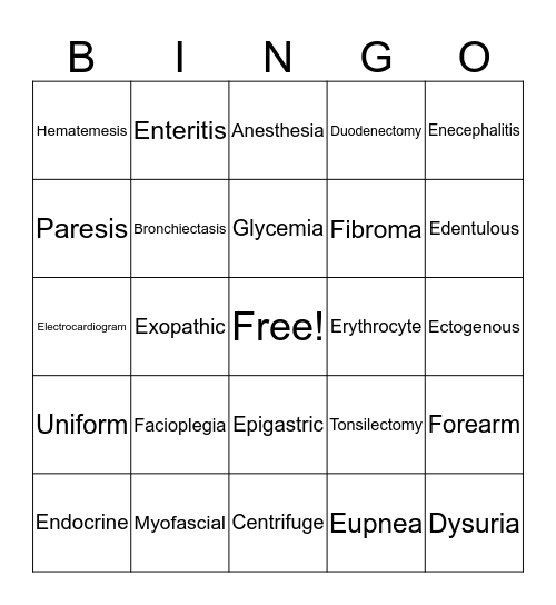 Medical Terminology  Bingo Card