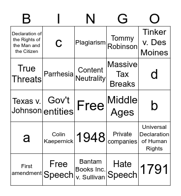 Free Speech Bingo Card