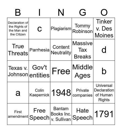 Free Speech Bingo Card