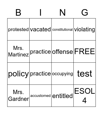 Vocabulary List - Unit 3 Reading 2 Bingo Card