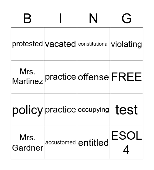Vocabulary List - Unit 3 Reading 2 Bingo Card