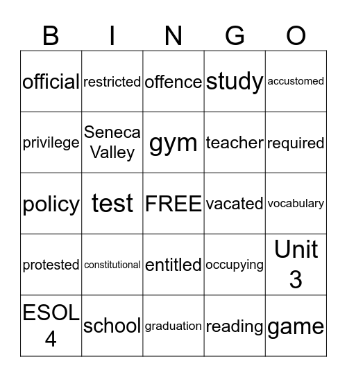 Vocabulary List- Unit 3 Reading 2 Bingo Card