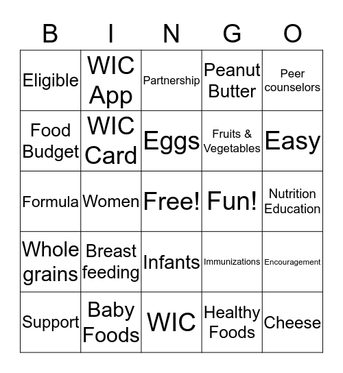 WIC Bingo  Bingo Card