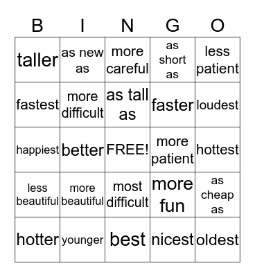 Comparative and Superlative Adjectives Bingo Card
